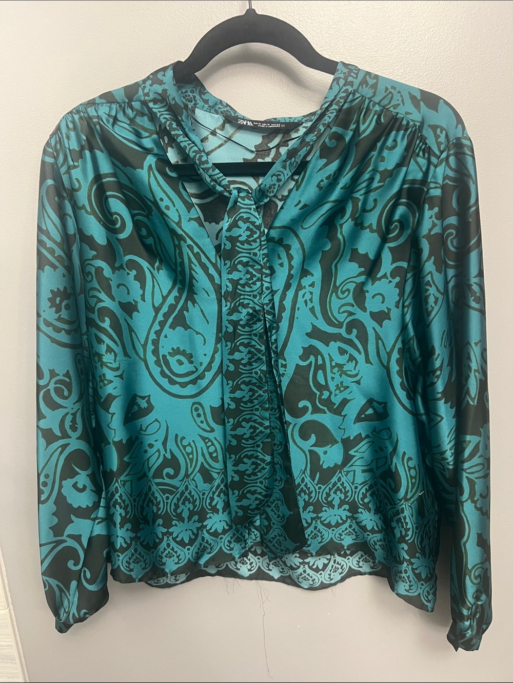 Zara Teal and Black Paisley Tie-Neck Blouse